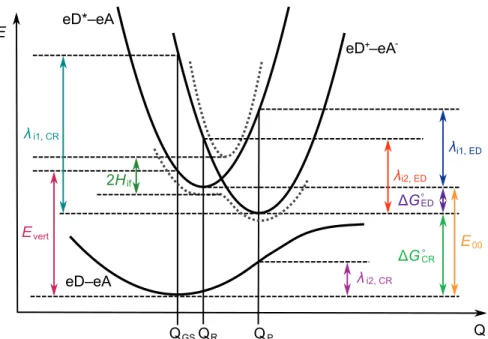 Figure 2.5 Schematic illustrations of changes in the potential energy of the system as a function of nuclear reaction coordinate Q of the states relevant to the ED and CR processes taking place at the interfacial eD–eA system