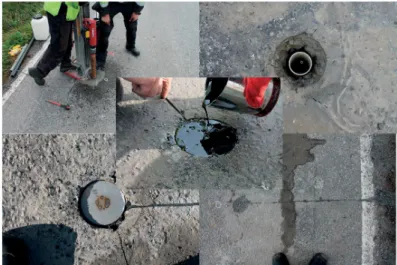 Figure 3.11. Some of the installation phases of a sensor measuring deflections in the pavement
