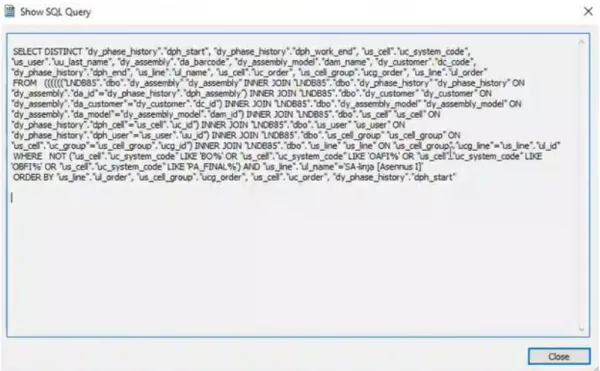 Kuva 8.  Esimerkki SQL-kyselystä Crystal Reports ohjelmassa 