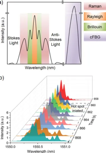 Figure 11. (a) Wavelength–Domain spectrum for Rayleigh-, Brillouin-, Raman- and continuous fibre Bragg grating (cFBG) reflected scattering