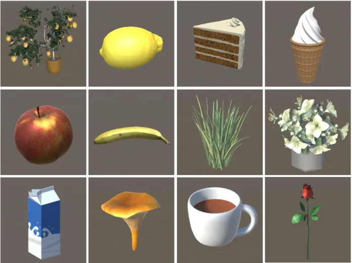 Figure 6. Selected 12 objects. The top row objects always had a congruent odor attached