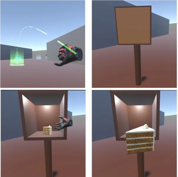 Figure 7. Moving inside the VE (top left), closed box (top right), opened box (bottom  left), and object in hand (bottom right)