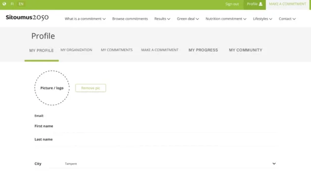 Figure 5: Screenshot of Sitoumus2050 website, user profile 