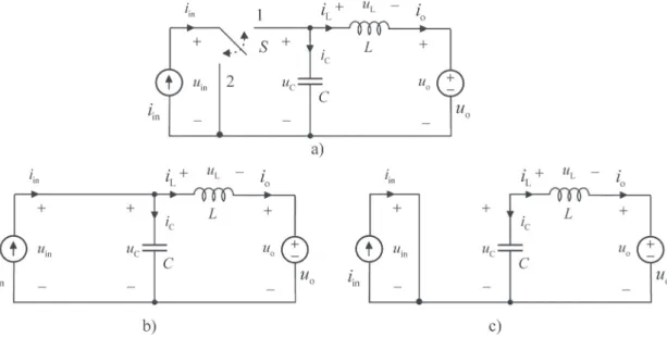 Fig. 3.3  a) Step-down current regulator, b) sub-circuit when the switch is in position 1 and b) position 2  