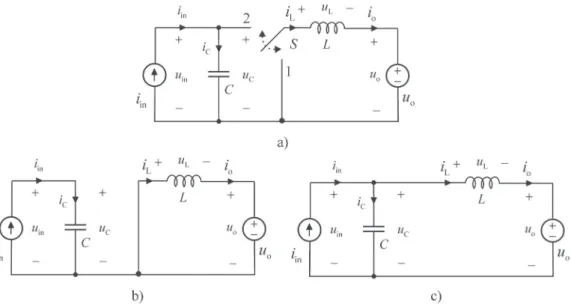 Fig. 3.4  a) Step-up current regulator, b) sub-circuit when the switch is in position 1 and b) position 2 