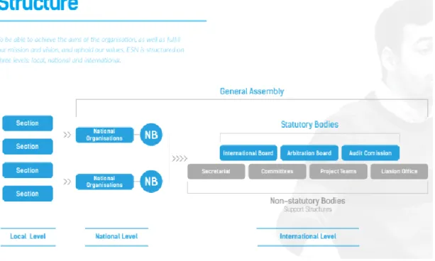 Figure 2: Structure of ESN (Erasmus Student Network Annual Report 2019/2020 2021, 32)  The structure of ESN is complex but can be divided into three main levels: local, national,  and international levels (figure 2)