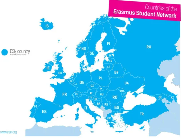 Figure 1: Countries of the Erasmus Student Network (Erasmus Student Network 2021)  The mission of ESN, as described in the ESN Wiki, is “Enrichment of society through  international students.” International students are the focus of ESN