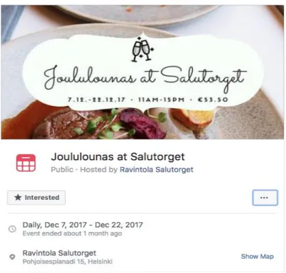 Figure 3. Salutorget’s Christmas lunch event on Facebook (Screenshot from Facebook)  Events include important information such as dates of the event, the location and a  description