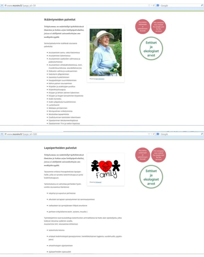 Figure 7.  Pages with customized service.  Source www.monim.fi 