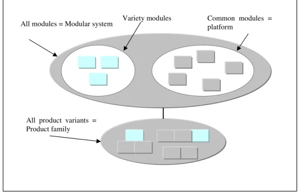 Figure 9. The concepts of modular system, product family and platform (Stake 1999) 