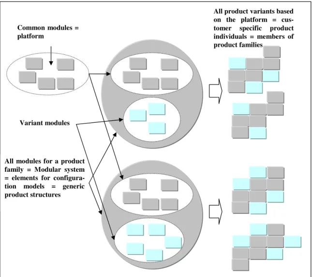Figure 15. Platform, product family, architecture, generic product structures and configurations (Stake  1999, Mikkola 2003 and Hansen and Mikkola 2004) 
