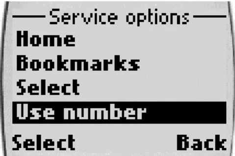 Figure 5.3. Mobile phone as service interface (Nokia 7110). Notice the double “Select”