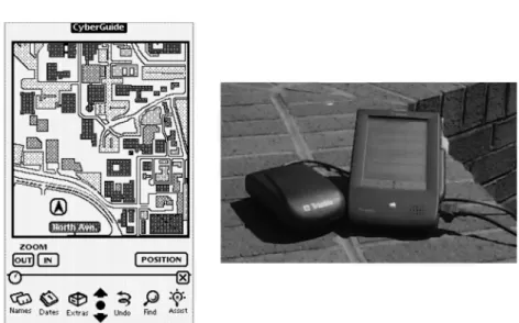 Figure 9.  The outdoor version of Cyberguide. A screenshot of the PDA is shown on the left, and the  equipment on the right