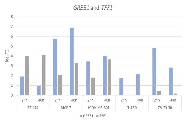 Figure 6: Fold change values of positive control genes GREB1 and TFF1 on a logarithmic scale
