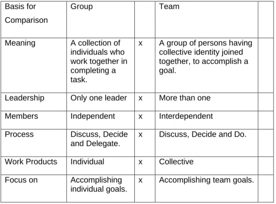 Table 3. Difference between a group and a team based on the Surbhi’s summary. 