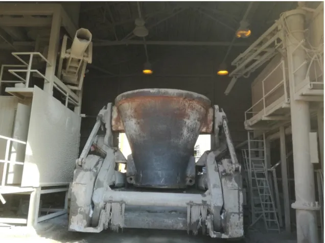 Figure 13 shows the slag pot carrier truck in the station. In the left corner is the  chute and in the right is the lime nozzle