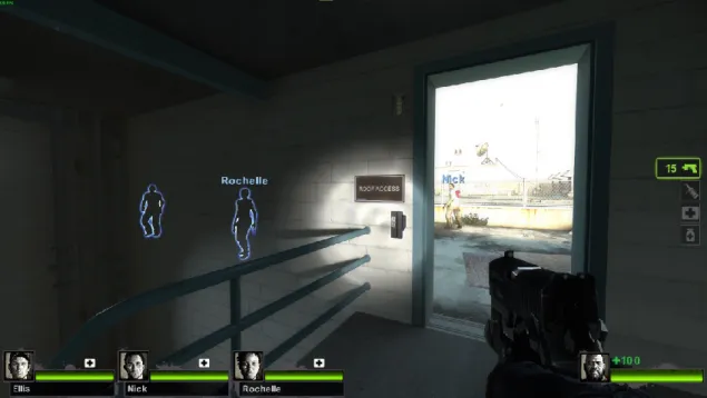 Figure 4. Character outlines and names as spatial UI. (Left 4 Dead 2, 2009). 