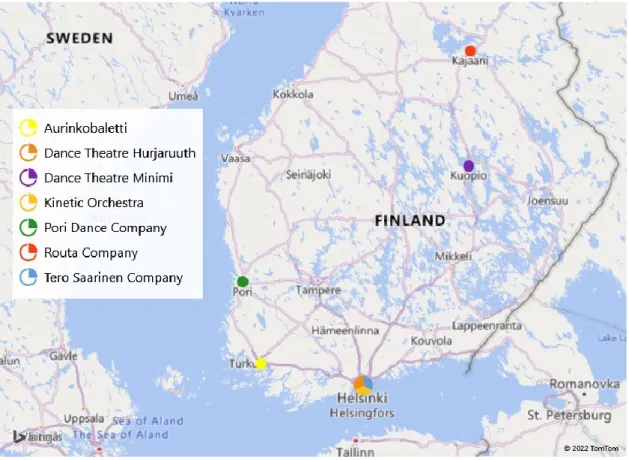 Figure 15 displays the studied dance companies on the map of Finland. However, at  the  time  of  the  interviews,  only  few  dance  companies  clearly  presented  their  mission,  vision  and  values  on  their  websites