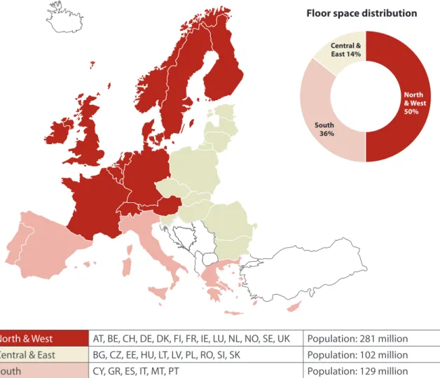Figure 1A2 – Countries and regions considered herein with equivalent population and floor space  figures