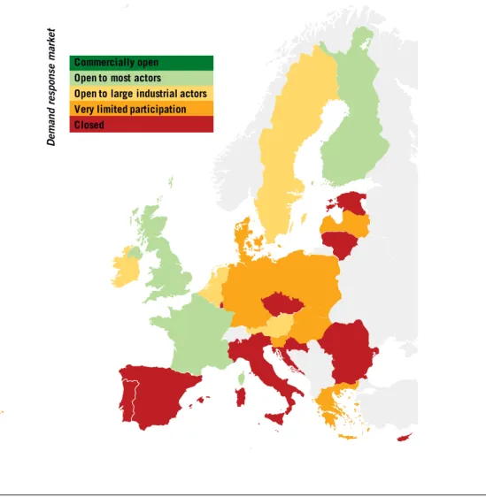Figure 9 shows the level of demand response availability across the EU. The scores reflect the Smart  Energy Demand Coalition’s (SEDC) assessment [8] of “consumer 8  access to demand response” in 14 9  EU  Member States and the Joint Research Centre’s (JRC