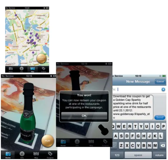Figure 1. The Augmented Reality application created for Sparkly  advertisement provides  a smart phone user a 3D game (middle)