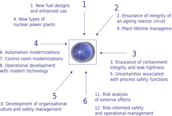 Figure 1.2. Division of the twelve major future safety challenges into the six research  areas of  SAFIR [1]