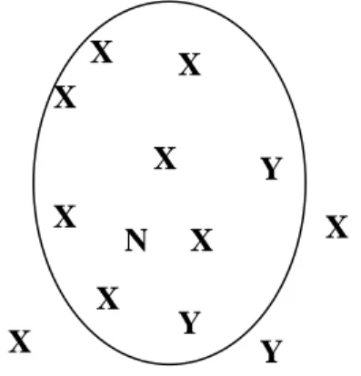 Figure 7: Example of k-NN classification. N is a new case. It would be assigned to the class X because within the ellipse the number of X’s is higher than that of Y’s.
