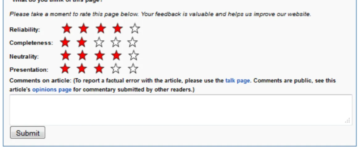 Figure 2: The quality rating tool of English Wikinews has four quantitative variables  and a possibility to add free comments