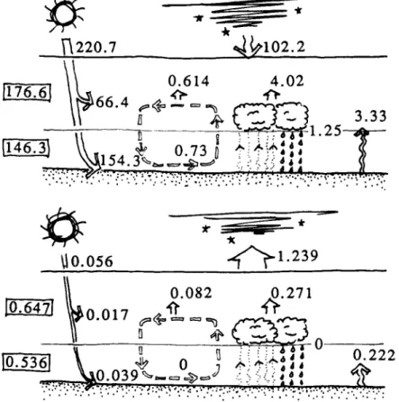 Fig. 4. Exergy-entropy process of the global environmental system. The drawing on the top is the exergy input, output, and consumption in W/m 2 