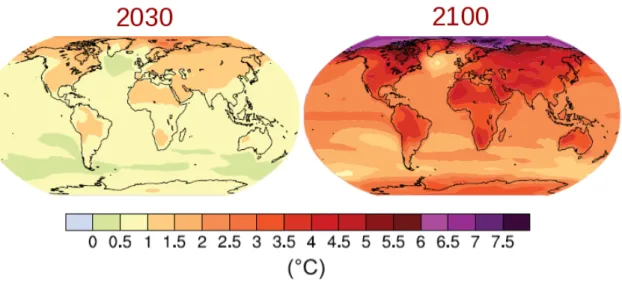 Figure 2 shows the average projected temperature increase, calculated using all GCMs  considered in AR4, under the SRES A1B scenario