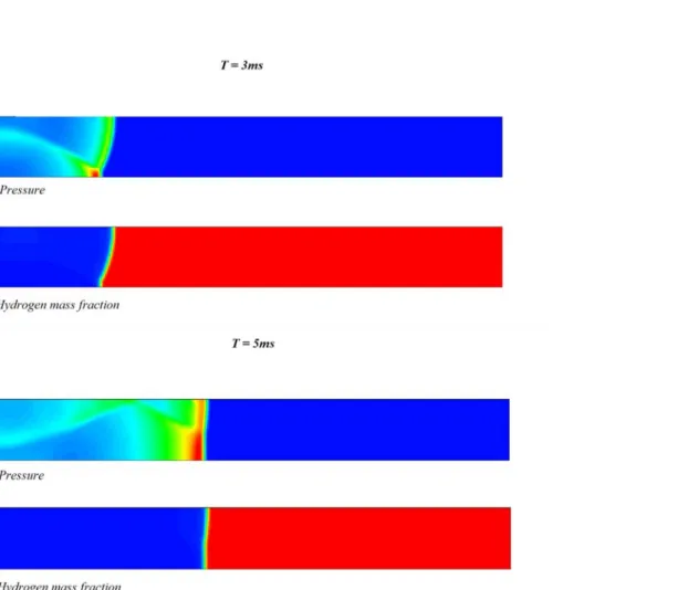 Figure 2.5. Progress of a simulated detonation wave in a hydrogen-air mixture at 3ms and 5ms  after the onset of detonation .(HYRICI-project 2007)