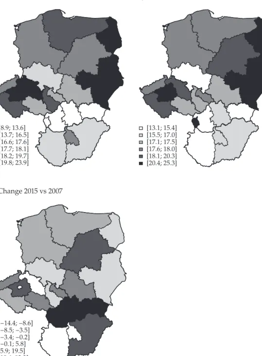 Figure 7. Spatial distribution of the percentage of the intermediate class in V4 countries