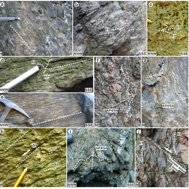 Fig. 13 Photographs of deformation structures identified in orthogneiss in the studied area  (for the location of photographs see Fig