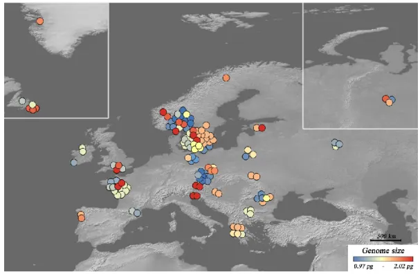 Figure 1. Distribution of 131 strains of Synura petersenii under study and their estimated genome  size