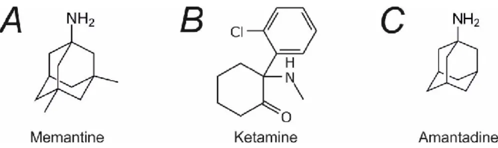 Figure  1.4.  Open  channel  NMDAR  blockers.  Projection  structure  of  (A)  memantine,  (B)  ketamine, and (C) amantadine