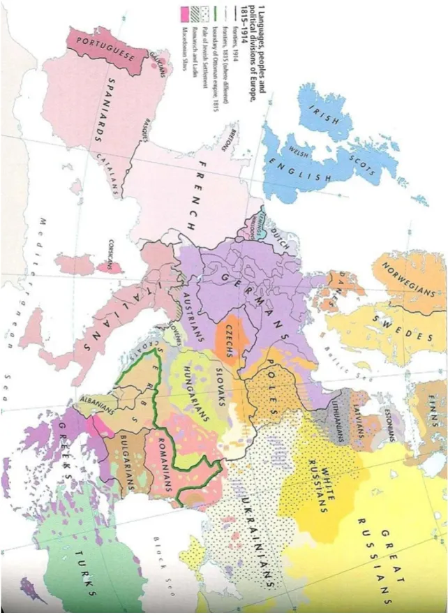 Mapa č. 1: Přibližná etnická (jazyková) mapa Evropy se zakreslením hranic k roku 1914