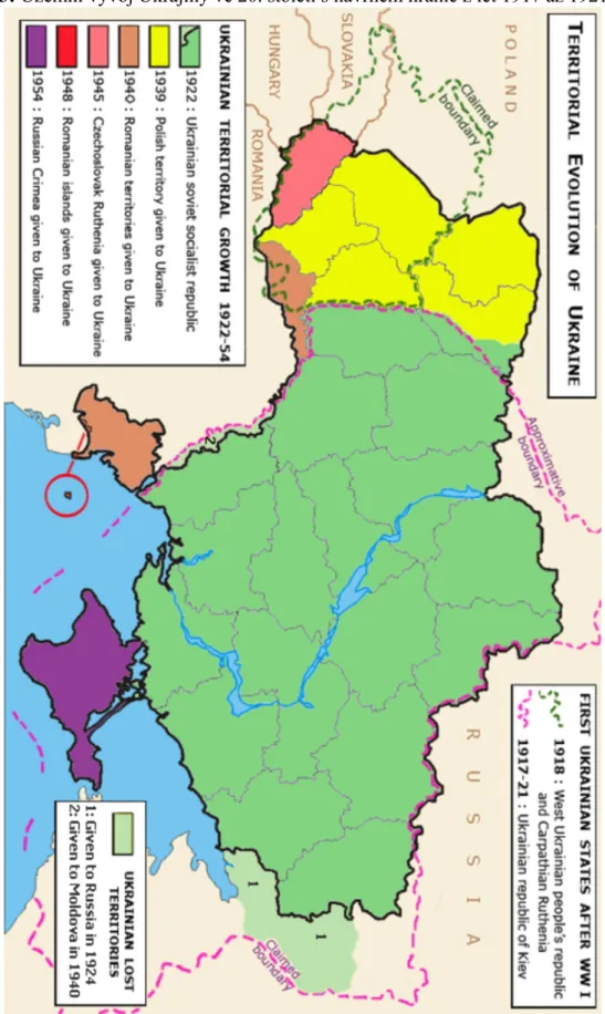 Mapa č. 3: Územní vývoj Ukrajiny ve 20. století s návrhem hranic z let 1917 až 1921