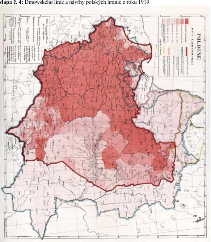Mapa č. 4: Dmowského linie a návrhy polských hranic z roku 1919