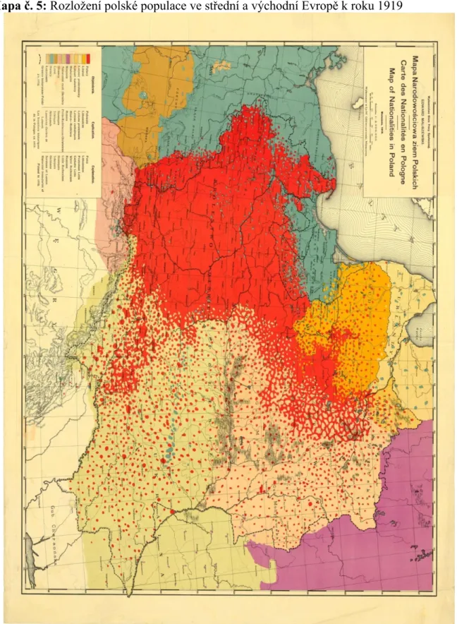 Mapa č. 5: Rozložení polské populace ve střední a východní Evropě k roku 1919