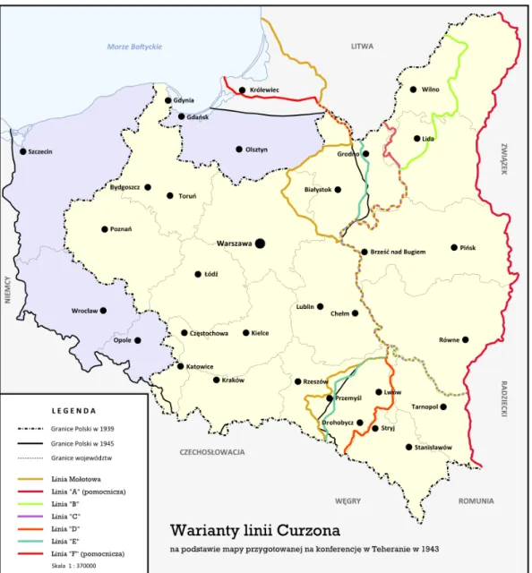 Mapa č. 6:  Územní vývoj Polska po roce 1918 se zakreslením návrhů Komise pro polské  záležitosti (tzv