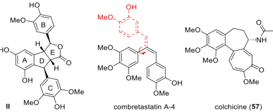 Figure 10. Comparison of the structure of lehmbachol D (II) with cytotoxic combretastatin A4 and  colchicine (57)