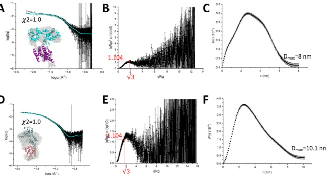 Figure 13. SAXS data for the *JbCDTCM and *ScCMCDT. A. Fit between experimental scattering curve  (black) and theoretical (cyan) scattering curve of the *JbCDTCM calculated using Pepsi-SAXS from its crystal  structure, with c 2  value of 1.0