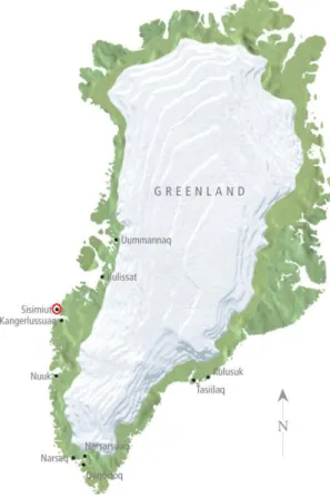 Figur 1. Kart over Grønland med Sisimiut markert i rødt 