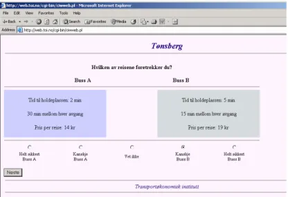 Figure 1.: Example of screen picture with stated choice, where the respondent chooses  between two different journeys by bus