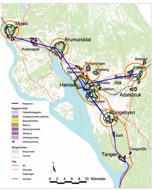 Figur 5: Klimavennlig areal- og transportmønster i Hamarregionen som illustrerer mulige  områder for fortetting som muliggjør mobilitet uten bruk av bil