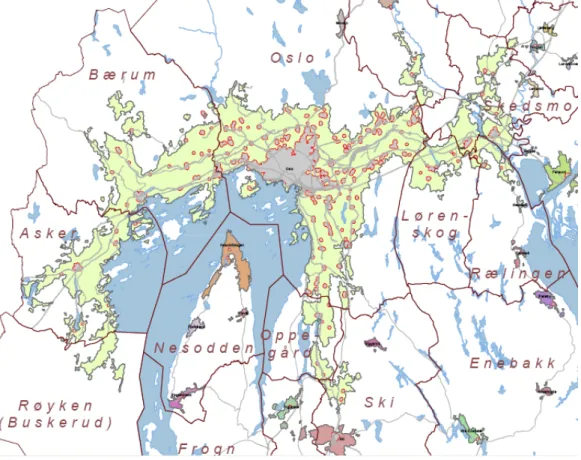 Figure 1.2: Urbanized areas in the central part of the Oslo region.  The continuous  urbanized area of Oslo is shown in light green, other urban settlements in other colors