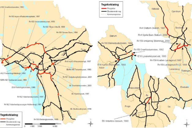 Figure 2.12: Road projects funded by Oslo Package 1 and implemented 1990-2003 in the municipality  of Oslo (left) and the county of Akershus (right)