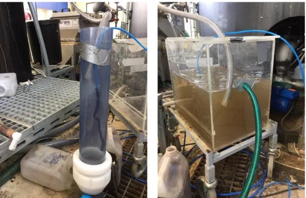 Figure 15: Pilot sludge collectors. a) First method used – cylindrical container b) Second method  used – square container 