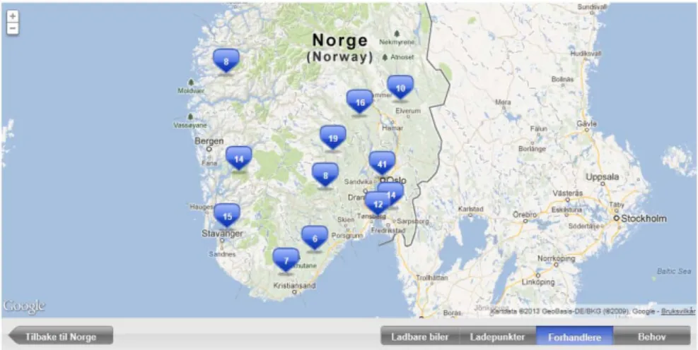 Figure 34: Number of EV dealerships (number in blue background) in Southern Norway in April 2013