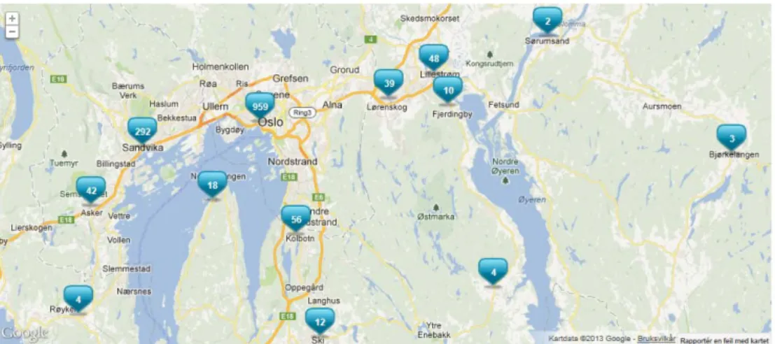 Figur 24: Ladepunkter i Oslo-området. Kilde: www.gronnbil.no/Kartdata Google 2013. 